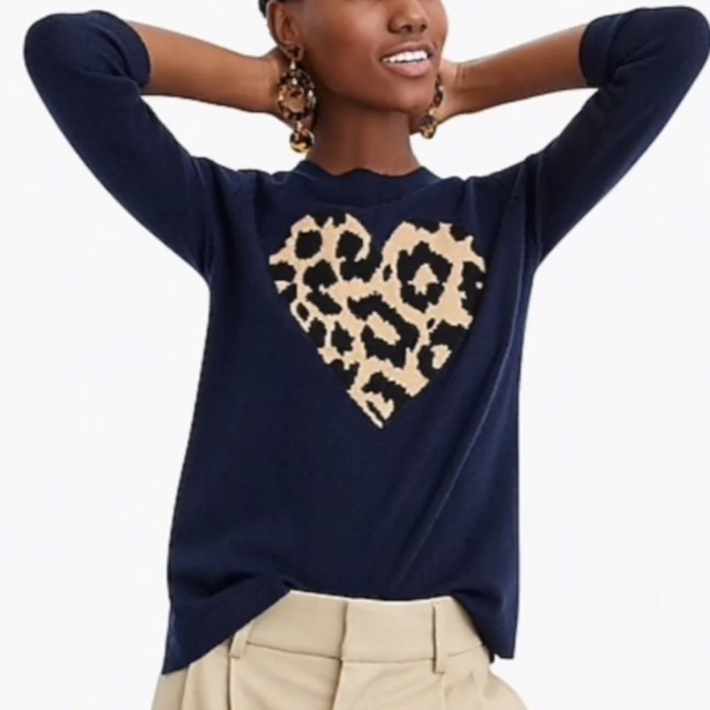 J.Crew Blue Everyday Cashmere Leopard Heart Sweater XS
